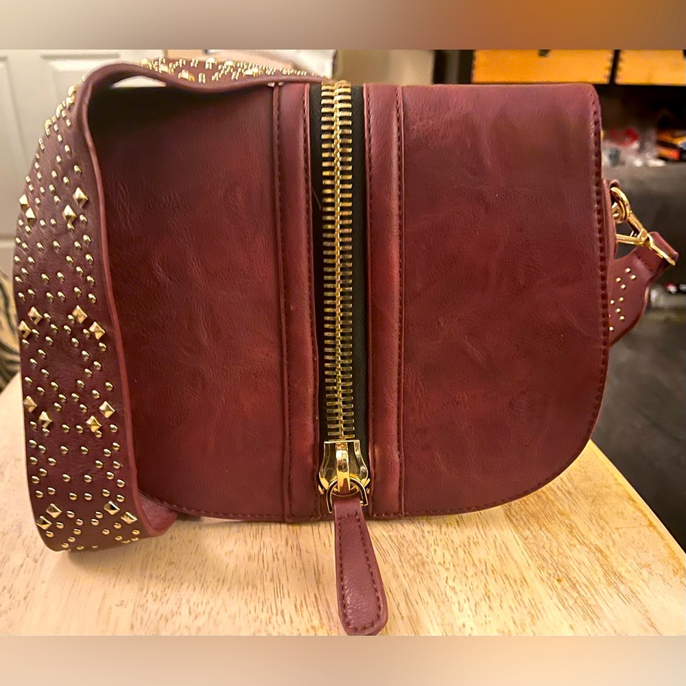 Burgundy Crossbody Bag with Embellished Strap